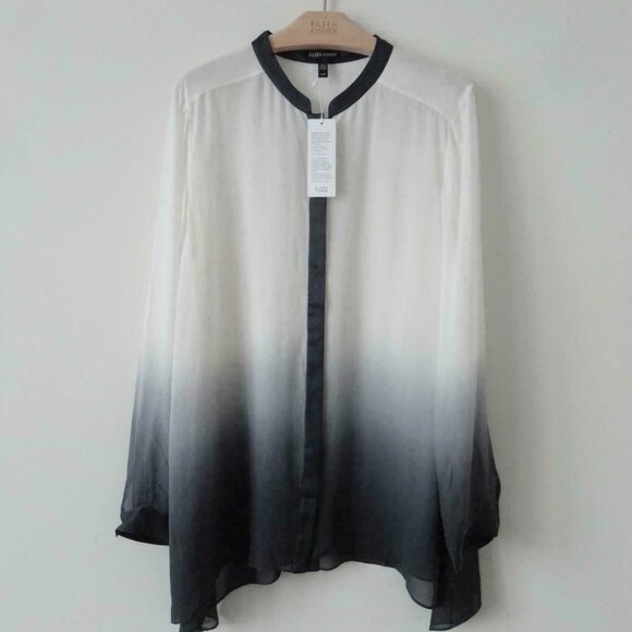 NWT EILEEN FISHER White Graphite Silk Georgette Mandarin Collar Blouse Top M - Picture 6 of 7